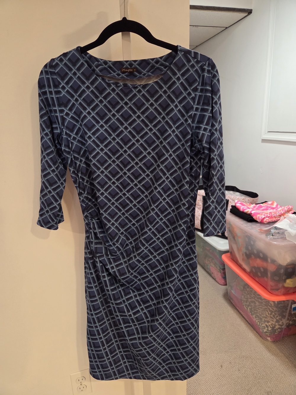 Navy Geometric Midi Dress with Three-Quarter Sleeves